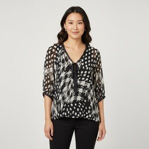 Ted Baker Silk Blouse Black White Print | Tie Neck Work Top Size 2